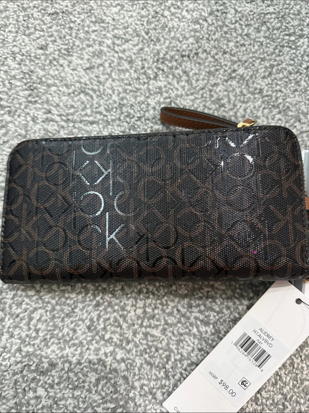 Calvin Klein Brown and Black Monogram Zip Wallet with Gold Logo